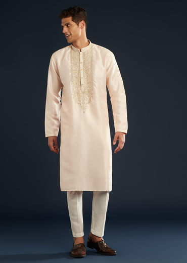 Baby Pink Silk Kurta Set with Resham Thread Accents Baby Pink Silk Kurta Set with Resham Thread Accents