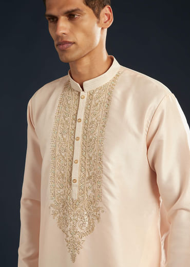 Baby Pink Silk Kurta Set with Resham Thread Accents Baby Pink Silk Kurta Set with Resham Thread Accents