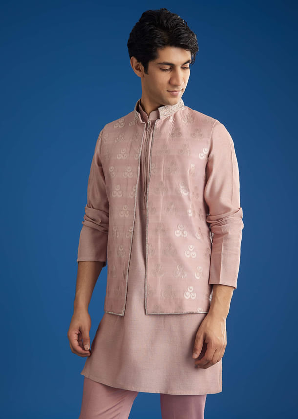 Banarasi Silk Jacket Kurta Set With Front Zip Closure Banarasi Silk Jacket Kurta Set With Front Zip Closure