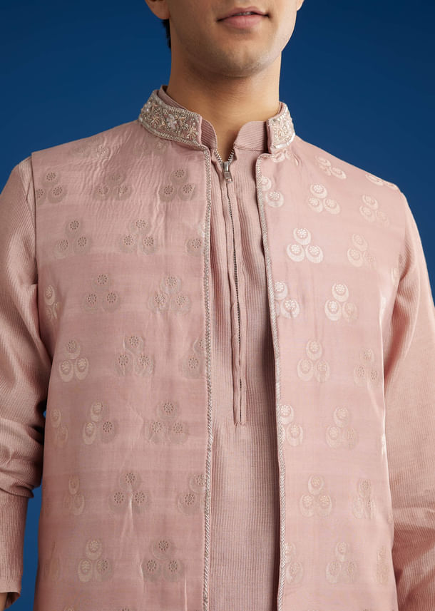 Banarasi Silk Jacket Kurta Set With Front Zip Closure Banarasi Silk Jacket Kurta Set With Front Zip Closure