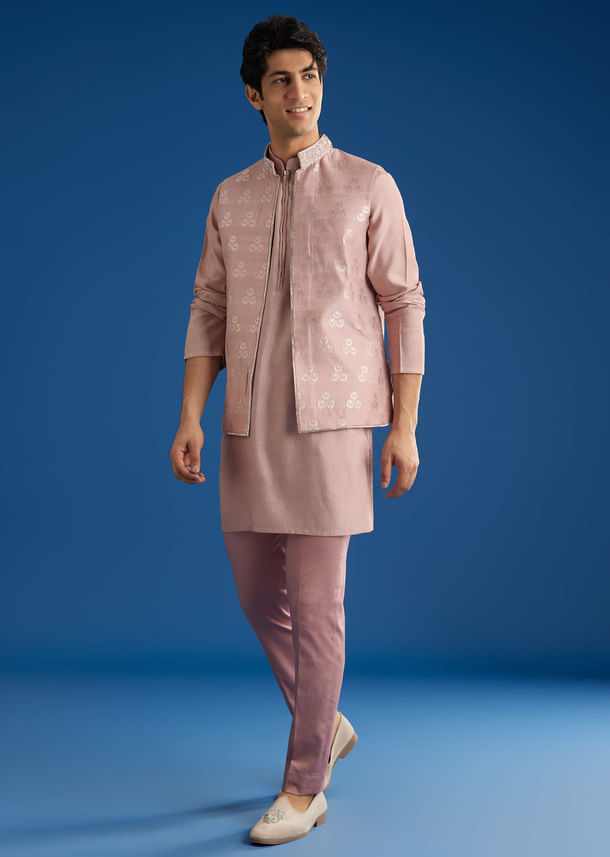 Banarasi Silk Jacket Kurta Set With Front Zip Closure Banarasi Silk Jacket Kurta Set With Front Zip Closure