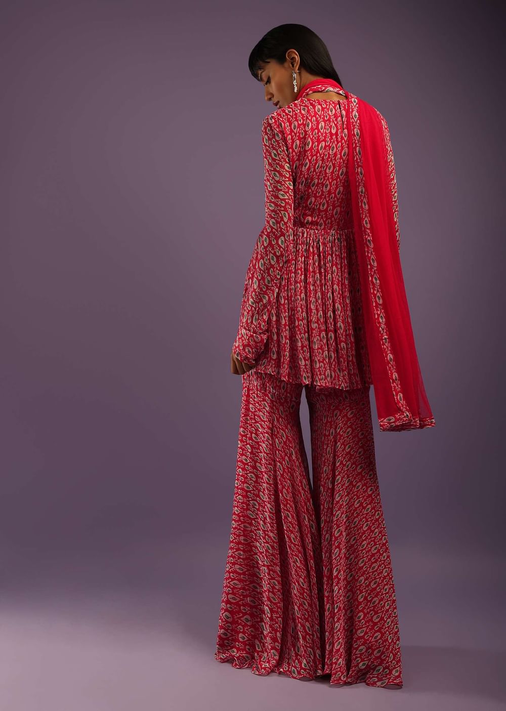 Barberry Red Sharara Suit In Georgette With All Over Print And Churidar Sleeves