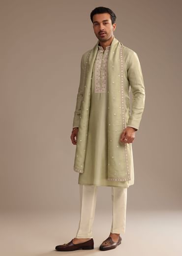 Basil Green Kurta Set with Embroidered Dupatta