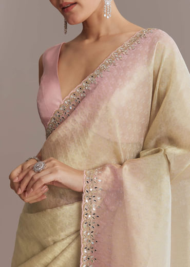 Beige And Pink Ombre Jacquard Embroidered Saree With Mirror Work
