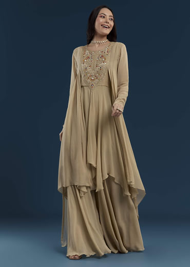 Beige Asymmetric Kurta Palazzo Set