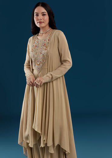 Beige Asymmetric Kurta Palazzo Set