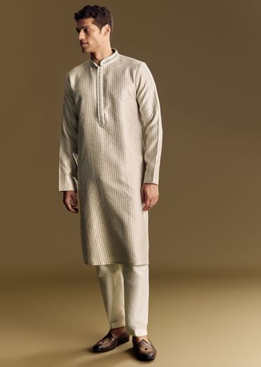 Beige Banarasi Jacquard Kurta Set With Intricate Cutwork