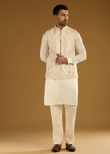 Beige Banarasi Silk Kurta Jacket Set For Men With Hand Embroidery Beige Banarasi Silk Kurta Jacket Set For Men With Hand Embroidery