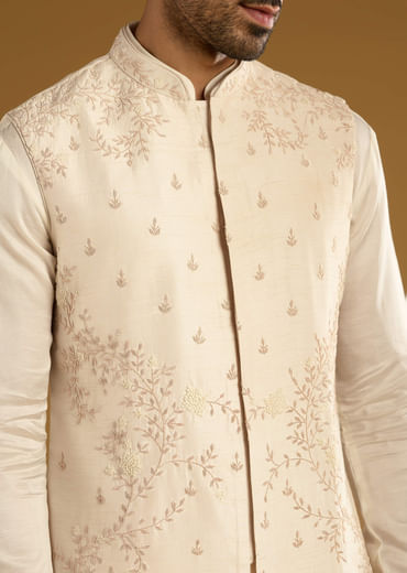 Beige Banarasi Silk Kurta Jacket Set For Men With Hand Embroidery Beige Banarasi Silk Kurta Jacket Set For Men With Hand Embroidery