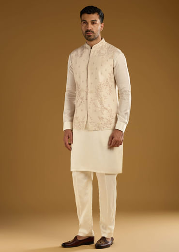 Beige Banarasi Silk Kurta Jacket Set For Men With Hand Embroidery Beige Banarasi Silk Kurta Jacket Set For Men With Hand Embroidery