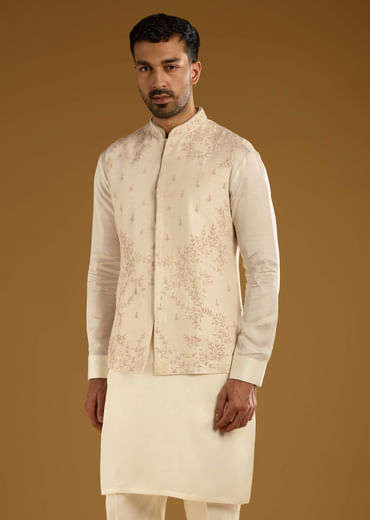 Beige Banarasi Silk Kurta Jacket Set For Men With Hand Embroidery Beige Banarasi Silk Kurta Jacket Set For Men With Hand Embroidery