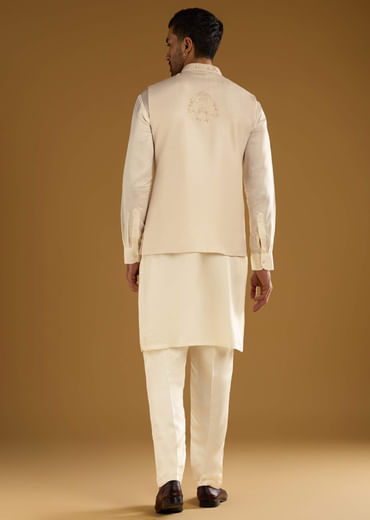 Beige Banarasi Silk Kurta Jacket Set For Men With Hand Embroidery Beige Banarasi Silk Kurta Jacket Set For Men With Hand Embroidery