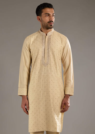 Beige Banarasi Silk Kurta Set For Men With Pure Hand Embroidery