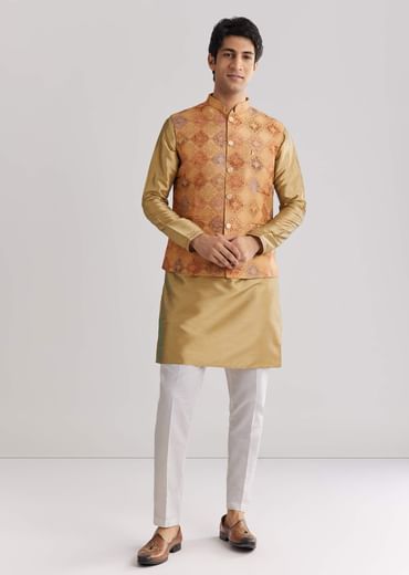 Beige Brocade Jacket Kurta Set