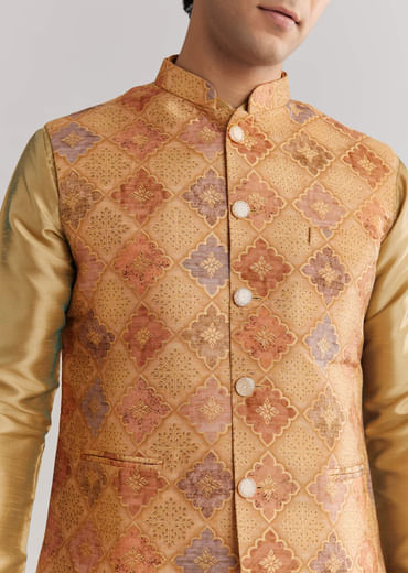 Beige Brocade Jacket Kurta Set