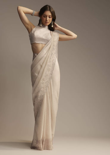 Beige Chiffon Saree with Resham Floral Cutwork