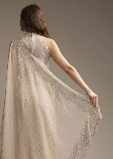 Beige Chiffon Saree with Resham Floral Cutwork