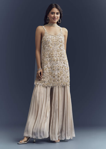 Beige Chinon Palazzo Suit With Intricate Hand Embroidery
