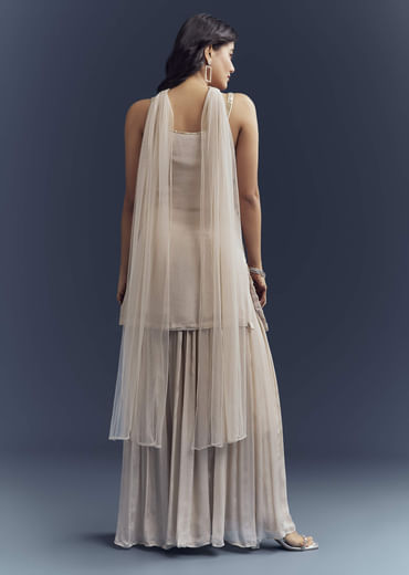 Beige Chinon Palazzo Suit With Intricate Hand Embroidery
