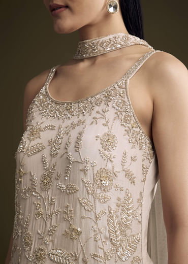 Beige Chinon Sharara Suit With Sequins And Moti Work