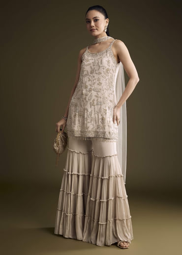 Beige Chinon Sharara Suit With Sequins And Moti Work
