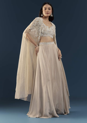 Beige Chinon Silk Crop Top Palazzo Set with Cape