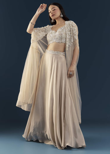 Beige Chinon Silk Crop Top Palazzo Set with Cape