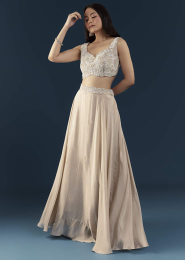 Beige Chinon Silk Crop Top Palazzo Set with Cape