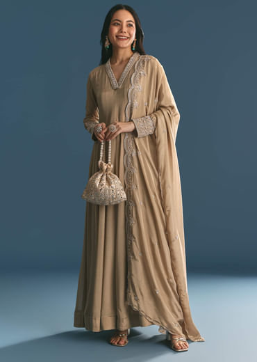 Beige Chinon Zardosi Work Anarkali Suit With Embroidered Dupatta