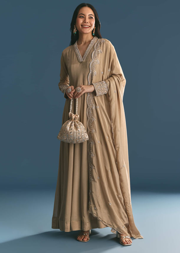 Beige Chinon Zardosi Work Anarkali Suit With Embroidered Dupatta