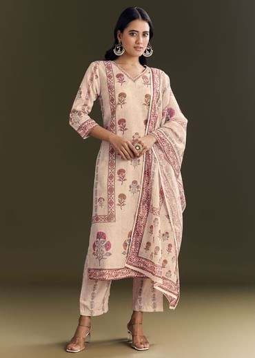 Beige Cotton Block Print Kurta Set With Printed Dupatta
