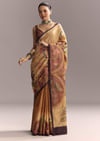 Beige Cotton Saree With Hand Painted Motifs And Brown Border