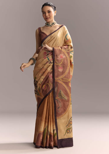 Beige Cotton Saree With Hand Painted Motifs And Brown Border