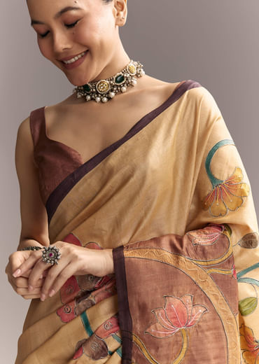 Beige Cotton Saree With Hand Painted Motifs And Brown Border