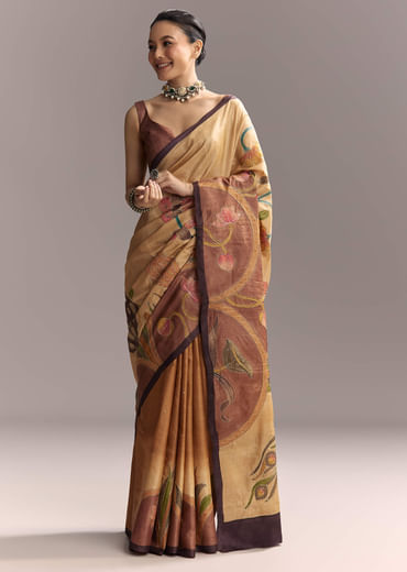 Beige Cotton Saree With Hand Painted Motifs And Brown Border