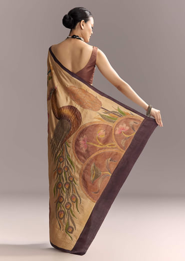 Beige Cotton Saree With Hand Painted Motifs And Brown Border