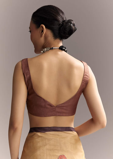 Beige Cotton Saree With Hand Painted Motifs And Brown Border