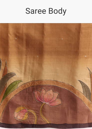 Beige Cotton Saree With Hand Painted Motifs And Brown Border