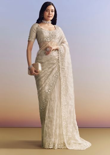 Beige Cream Tissue Saree With Floral Jaal
