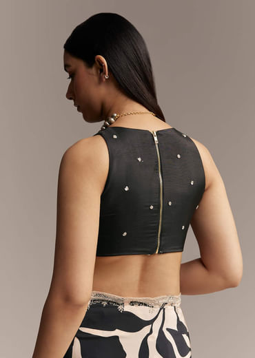 Beige Crepe Saree With Black Floral Print And Embellished Border