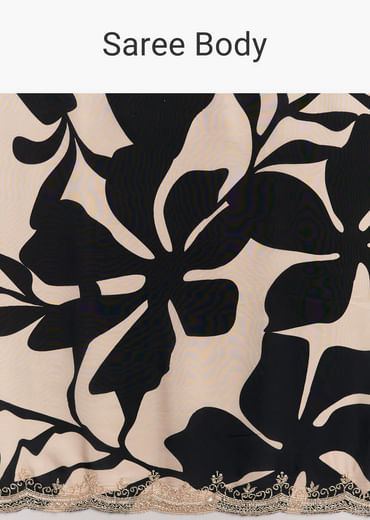 Beige Crepe Saree With Black Floral Print And Embellished Border