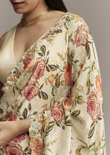Beige Crepe Saree With Multicolor Floral Print And Moti Embroidery