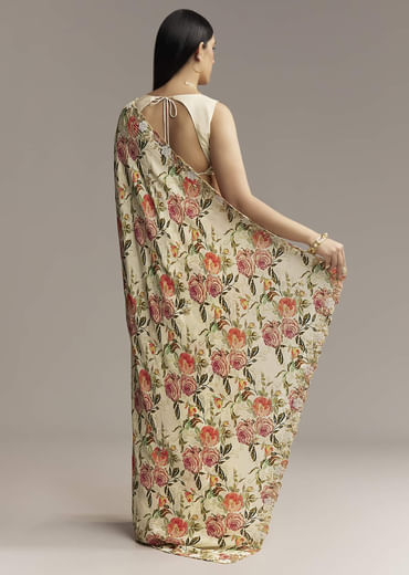 Beige Crepe Saree With Multicolor Floral Print And Moti Embroidery
