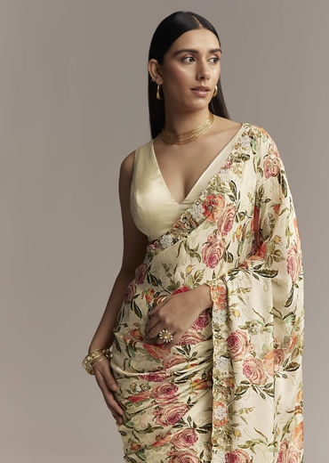 Beige Crepe Saree With Multicolor Floral Print And Moti Embroidery
