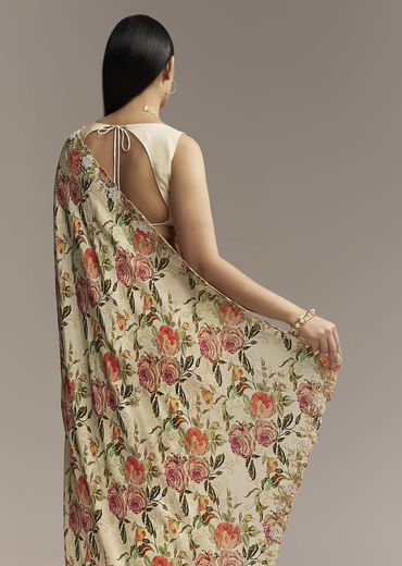 Beige Crepe Saree With Multicolor Floral Print And Moti Embroidery