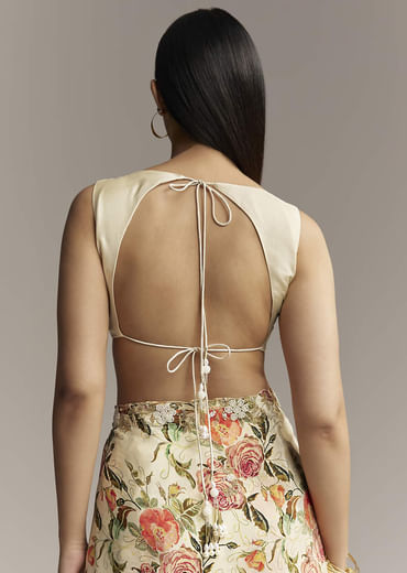 Beige Crepe Saree With Multicolor Floral Print And Moti Embroidery