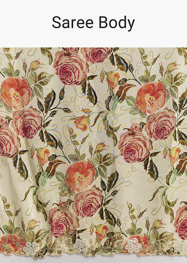 Beige Crepe Saree With Multicolor Floral Print And Moti Embroidery