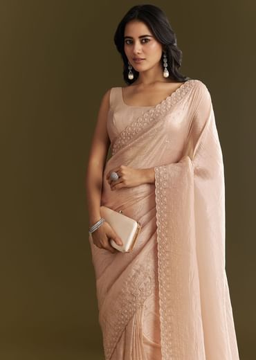 Beige Crepe Tissue Saree With Moti Beads And Cutdana Embroidery