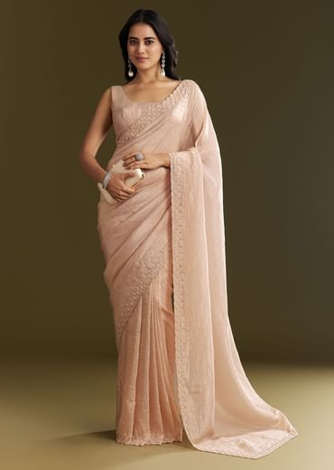Beige Crepe Tissue Saree With Moti Beads And Cutdana Embroidery