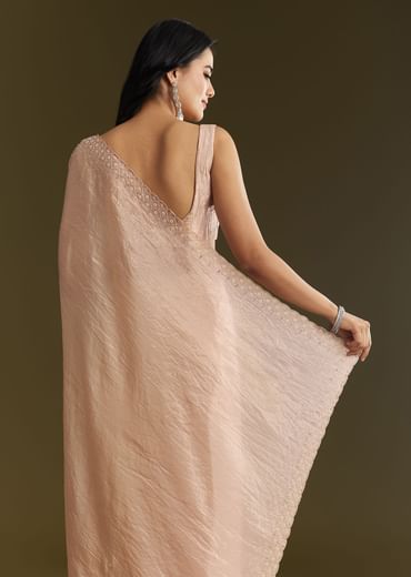 Beige Crepe Tissue Saree With Moti Beads And Cutdana Embroidery